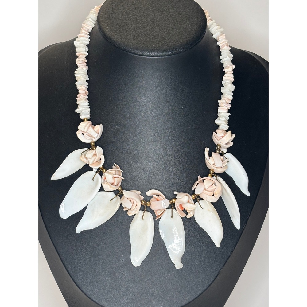 Vintage Pink Puka Shell Chip Necklace Bohemian Floral Carved Rose Petal 16"
